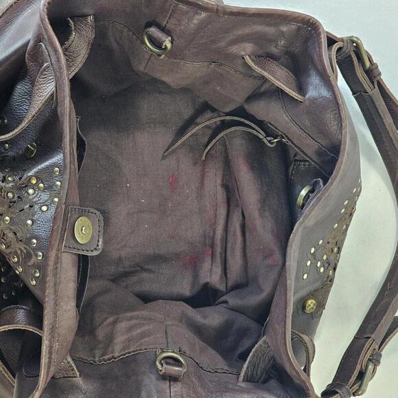 Platania Grained Leather Studded Floral Cut Out Slouch Top Handle Handbag (Read) - Picture 8 of 14